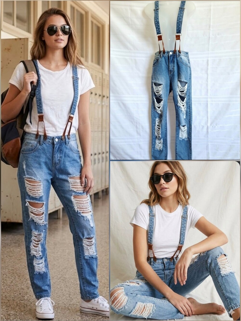 💙Forever 21 NWT! Distressed Ripped Suspender Blue Jeans 🤍SMALL